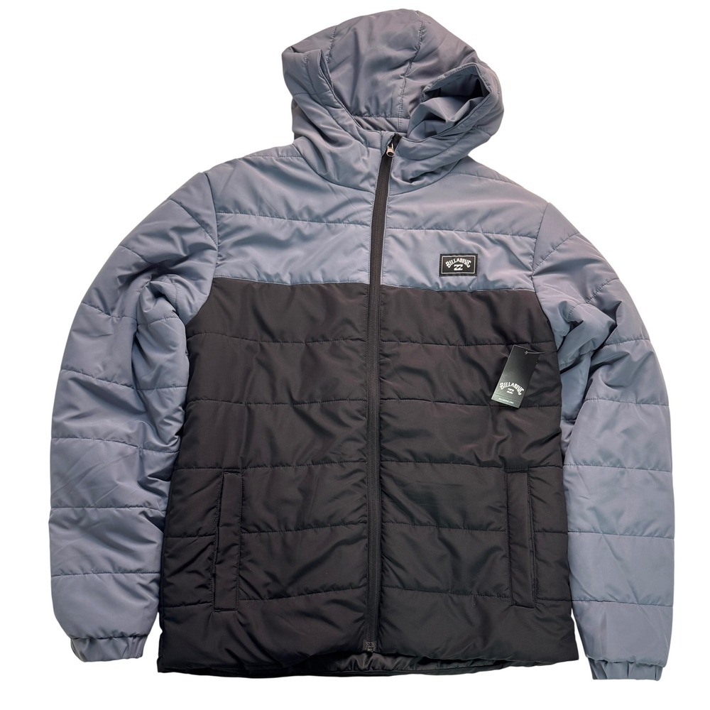 Billabong Max Puffer Jacket Mens Small Black Blue Hooded Insulated NEW
